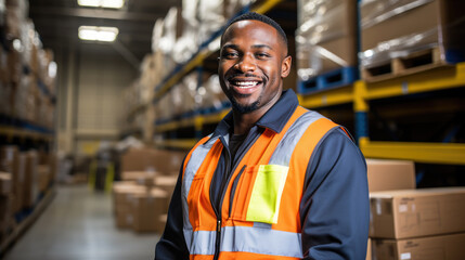 african american warehouse worker in a warehouse, smiling, logistics and storage distribution concept, job, young black man