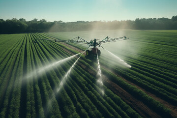 Person using drone irrigation to water the field. Modern watering concept - obrazy, fototapety, plakaty