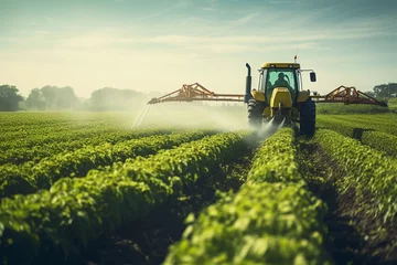 Gordijnen Tractor spraying pesticides fertilizer on crops farm field © Creative Clicks