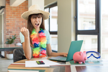 young pretty woman looking angry, annoyed and frustrated. travel and holidays concept