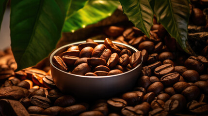 Fototapeta premium Brown roasted coffee with green leaves. Created with Generative AI technology.