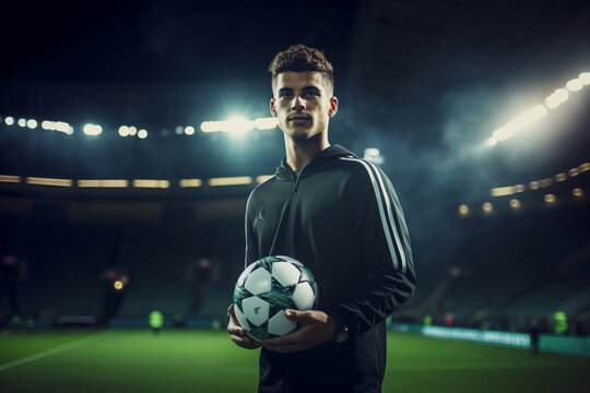 Soccer player holding ball on soccer field during night time
