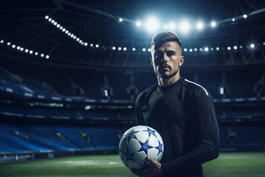 Soccer player holding ball on soccer field during night time - Powered by Adobe