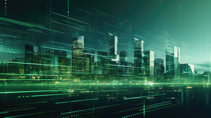 Abstract background of green smart futuristic city. Created with Generative AI technology.