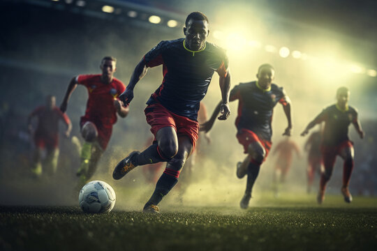 Male soccer player on soccer field during evening time