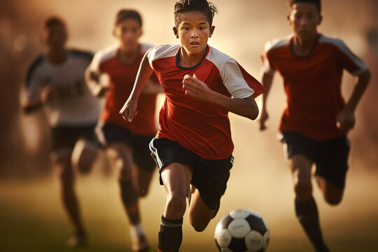 Male soccer player on soccer field during evening time