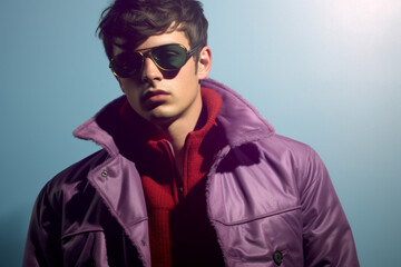 fashion young man in a jacket leaning against a background