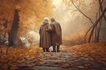Elderly senior couple in warm clothes walking outdoors at autumn park