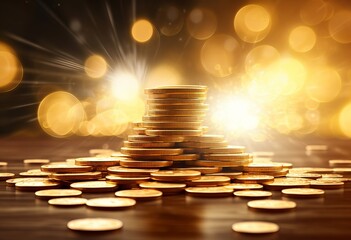 stack of gold coins on table - obrazy, fototapety, plakaty