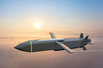 Storm Shadow cruise missile flies in the sky on sunrise - 3d rendering © bbsferrari