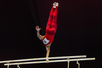 gymnast exercise parallel bars in championship gymnastics, element one-arm stand