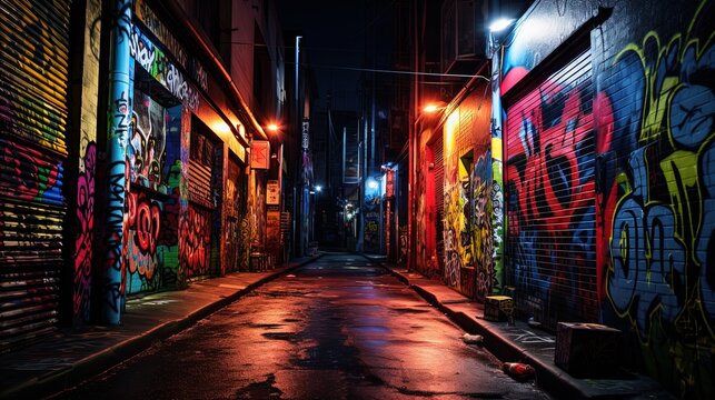 Fototapeta wet city street after rain at night time with colorful light and graffiti wall, Generative Ai
