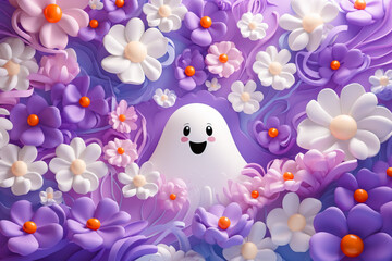 Happy cute halloween ghosts and purple flowers. Magic 3d characters background. Simple friendly creatures floral texture