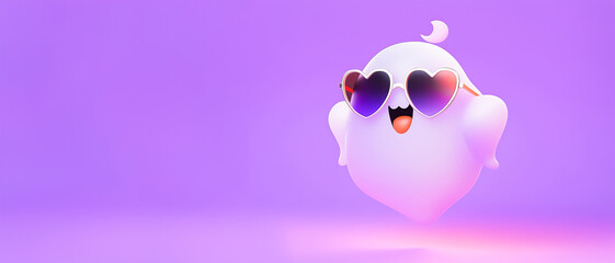 Halloween cute ghost with heart shape glasses. Kawaii face. On isolated purple background. 3d style. For print and web. Copy space.