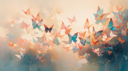 On a beige background, multi-coloured butterflies fly out of the oil paint.