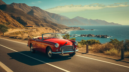 Brightly painted classic vintage car drives along a coastal road - obrazy, fototapety, plakaty