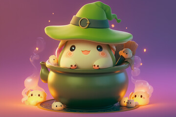 Cute Halloween frog in witch hat in a cauldron. Funny fairy-tale froggy magician with magic wand. Halloween fairytale character, October holiday.
