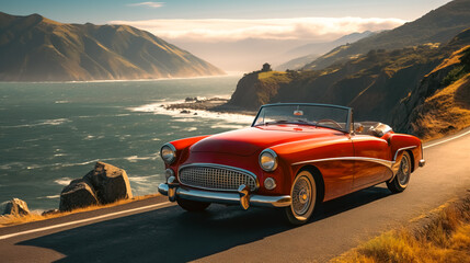 Brightly painted classic vintage car drives along a coastal road - obrazy, fototapety, plakaty