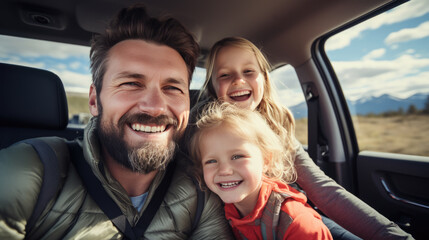 Dad and two kids riding in the car, laughing and smiling broadly as they travel. Created with Generative AI technology.