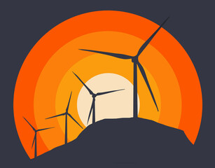 Wind turbines generating electric power are seen in front of a setting sun design in orange, yellow and blue.
