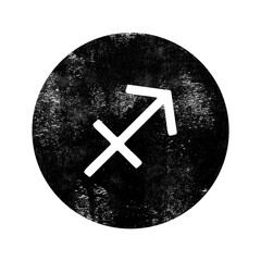 Sagittarius zodiac sign circular stencil stamp with distressed grunge texture isolated on transparent background
