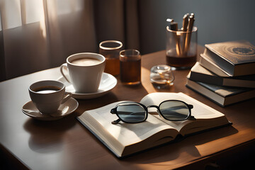 cup of coffee and books