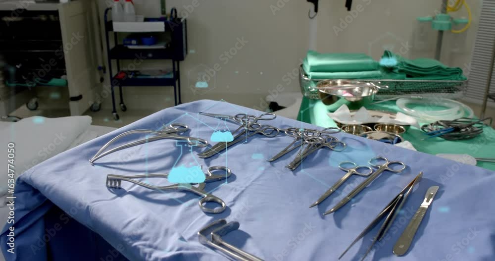Poster animation of medical icons and data processing over table with operating tools in hospital