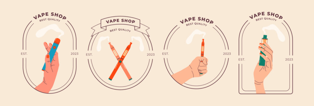 Vape logo colorful illustrations, Hand holding vape. Electronic cigarettes and vape concept. Modern vector illustrations. Design of vape pens and pod mods. Flat vector design for web.