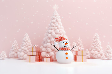 Realistic snowman smiling standing in snow near spruce trees, christmas balls and gifts. Cute new year, christmas holiday character smiling in red mittens scarf and hat.
