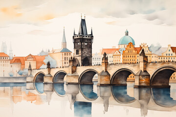 view of old city of of Prague Czech Republic Charles Bridge. Cartoon style flat design, minimalist illustration