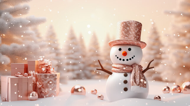 Realistic snowman smiling standing in snow near spruce trees, christmas balls and gifts. Cute new year, christmas holiday character smiling in red mittens scarf and hat.