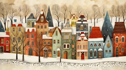 Foto op Canvas cute childhood style illustration of winter town cityscape, generative Ai © QuietWord