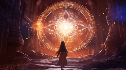 illustration of a woman at ancient lost technology portal gat with light grow, ambient fantasy scenery background wallpaper, Generative Ai