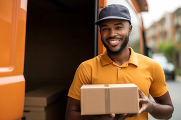Shipment concept. Mature friendly smiling African American delivery courier male man standing near the van delivering boxes. Male postman courier with shopping package. Generative AI Technology - obrazy, fototapety, plakaty