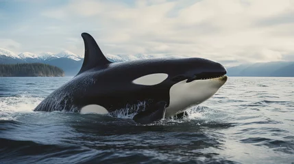 Fotobehang Orca close up orca swimming to water surface, Generative 