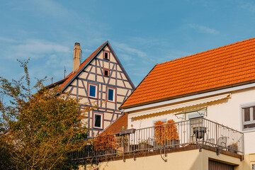 The Old Fachwerk houses in Germany. Scenic view of ancient medieval urban street architecture with half-timbered houses in the Old Town of Germany.
