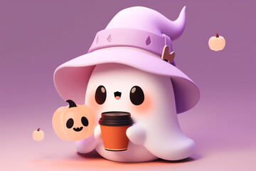 Kawaii ghost wearing on pumpkin hat and drinking coffee cup on purple background. Happy Halloween. Cute cartoon spooky character.