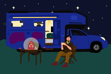Traveler man sitting enjoying nature with drink, camping trail car, wooden table and chair, lantern lamp. Starry night scene vector illustration.