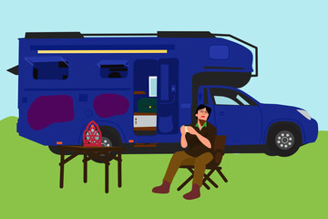Traveler man sitting enjoying nature with drink, camping trail car, wooden table and chair, lantern lamp. Daylight scene vector illustration.