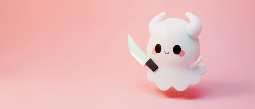 White ghost wearing on devil horns headband holding a little cute knife on a pastel pink background. Cute Halloween concept. Copy space