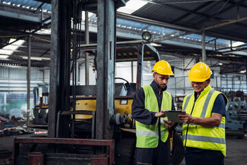 Mechanical technicians are maintaining the engine. Engineer checking Material or Machine on Plant. Workers Factory check up machine at factory site.