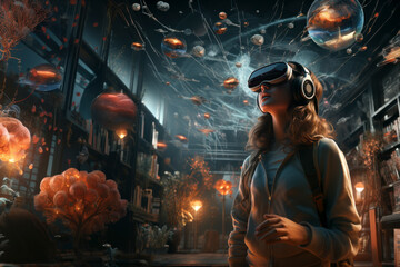 Fototapeta na wymiar Girl immersed in surreal VR world