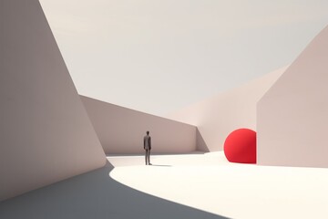 Enclosed mystery: a man, entranced by a red sphere, walls whispering secrets on three sides.