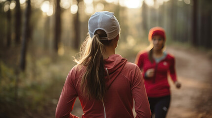 Fototapeta premium back of woman and friend walking off into the distance on a Forest trail, woman running in the woods, early morning.