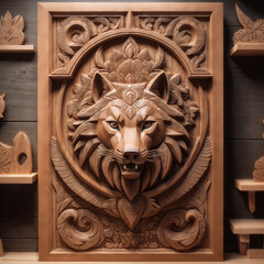 Wolf carved from old wood. Symbol. Totem. Wolf wood nature. AI generative image.