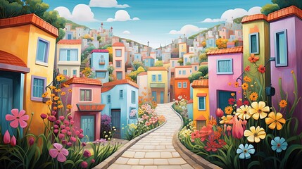 illustration of cute village with flower blossom, Generative Ai