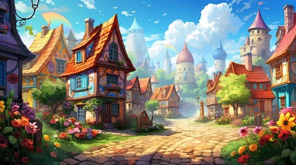 illustration of cute village with flower blossom, Generative Ai