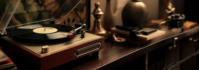 Vintage vinyl record player that reproduces sound,copy space. Created using generative AI technology.