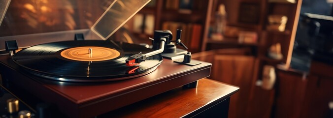 Vintage vinyl record player that reproduces sound,copy space. Created using generative AI technology.