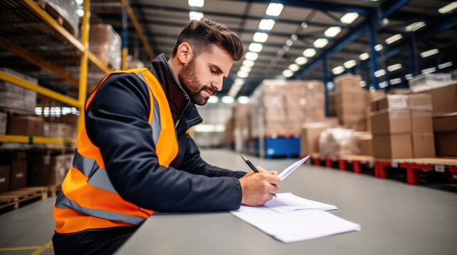 Businessman in a suit signs a contract for delivery of products against the background of a logistics center. Created with Generative AI technology.